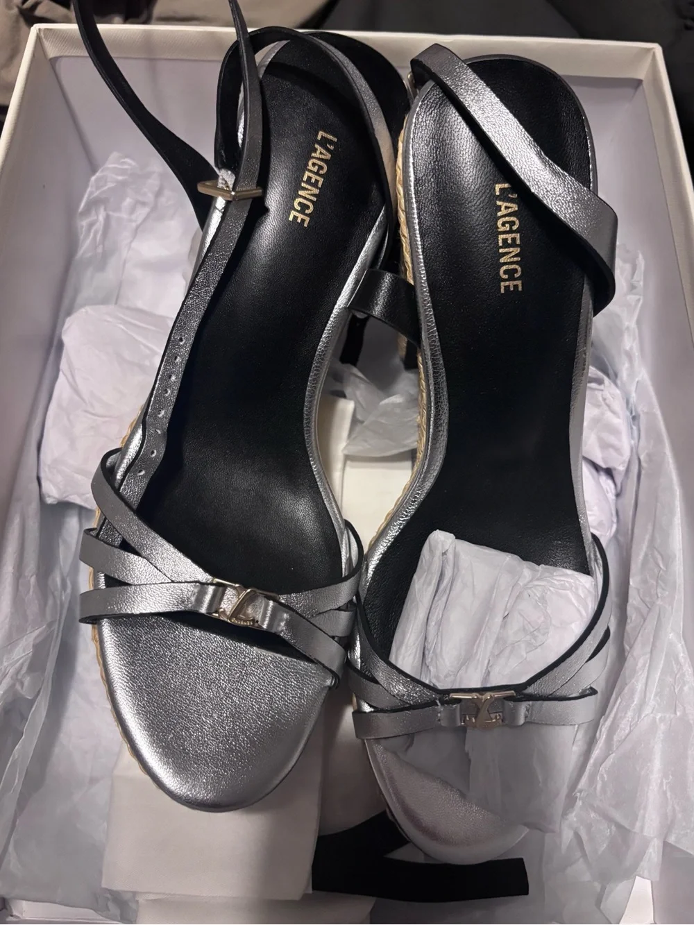 L'AGENCE Genevra Platform Sandals in Silver Leather